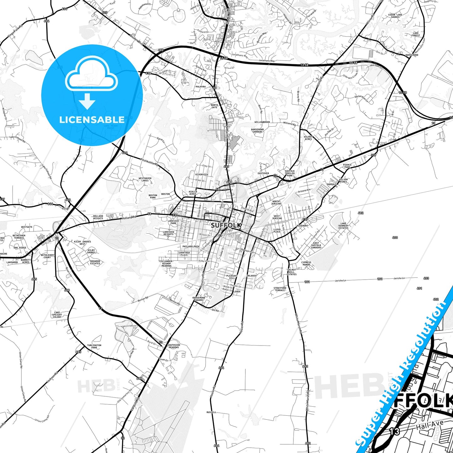 Suffolk, Virginia Light Map with Street Names, City Names, and Districts