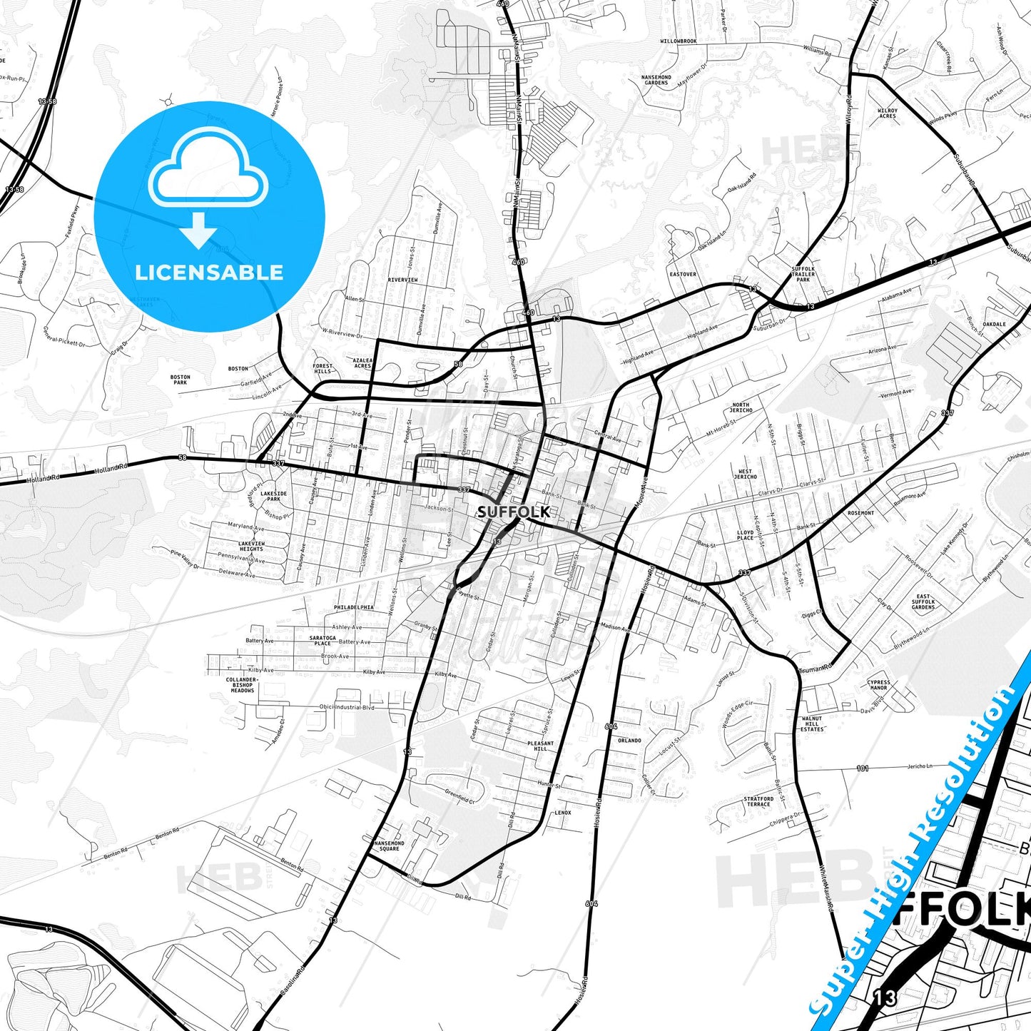 Suffolk, Virginia Light Map with Street Names, City Names, and Districts