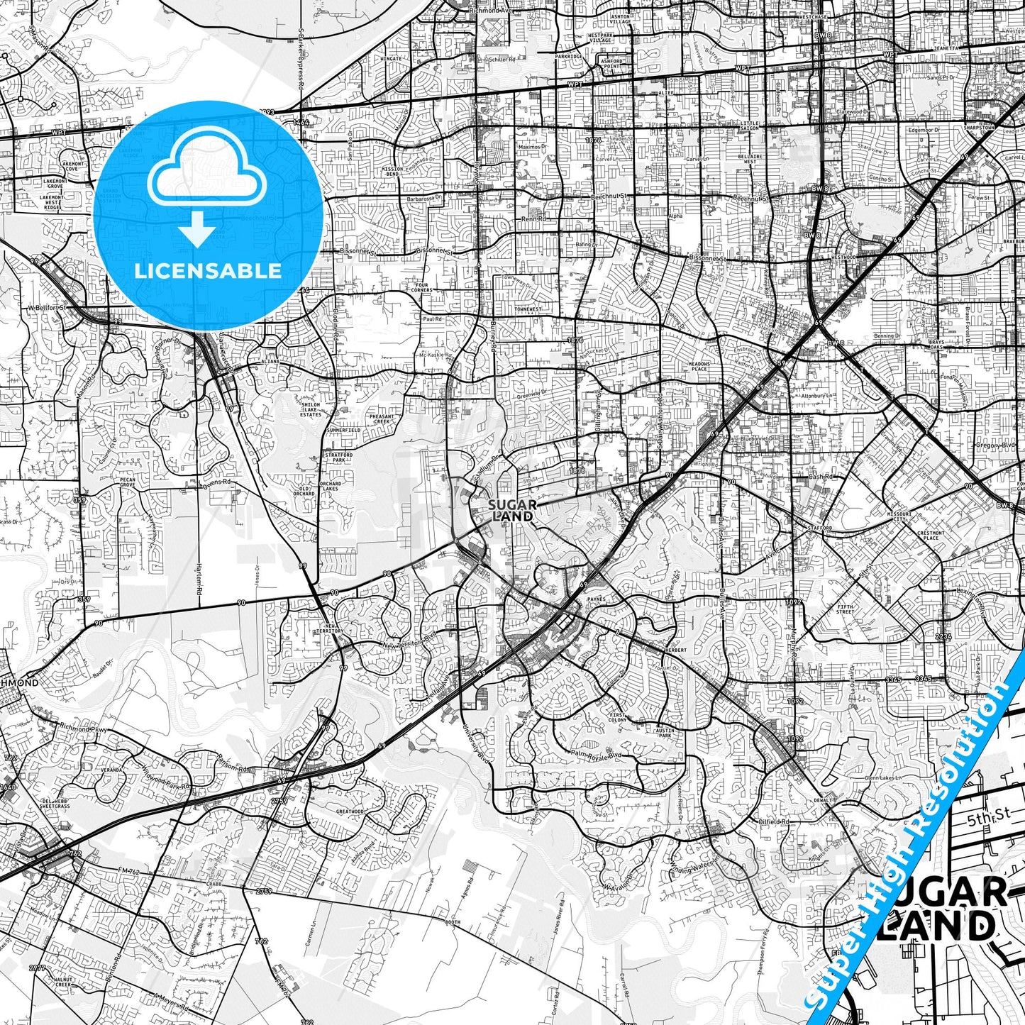 Sugar Land, Texas light map with streetnames, citynames and districts