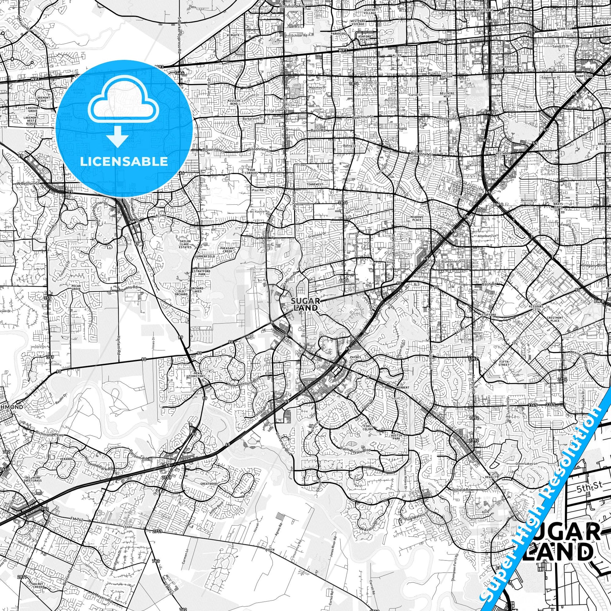Sugar Land, Texas light map with streetnames, citynames and districts