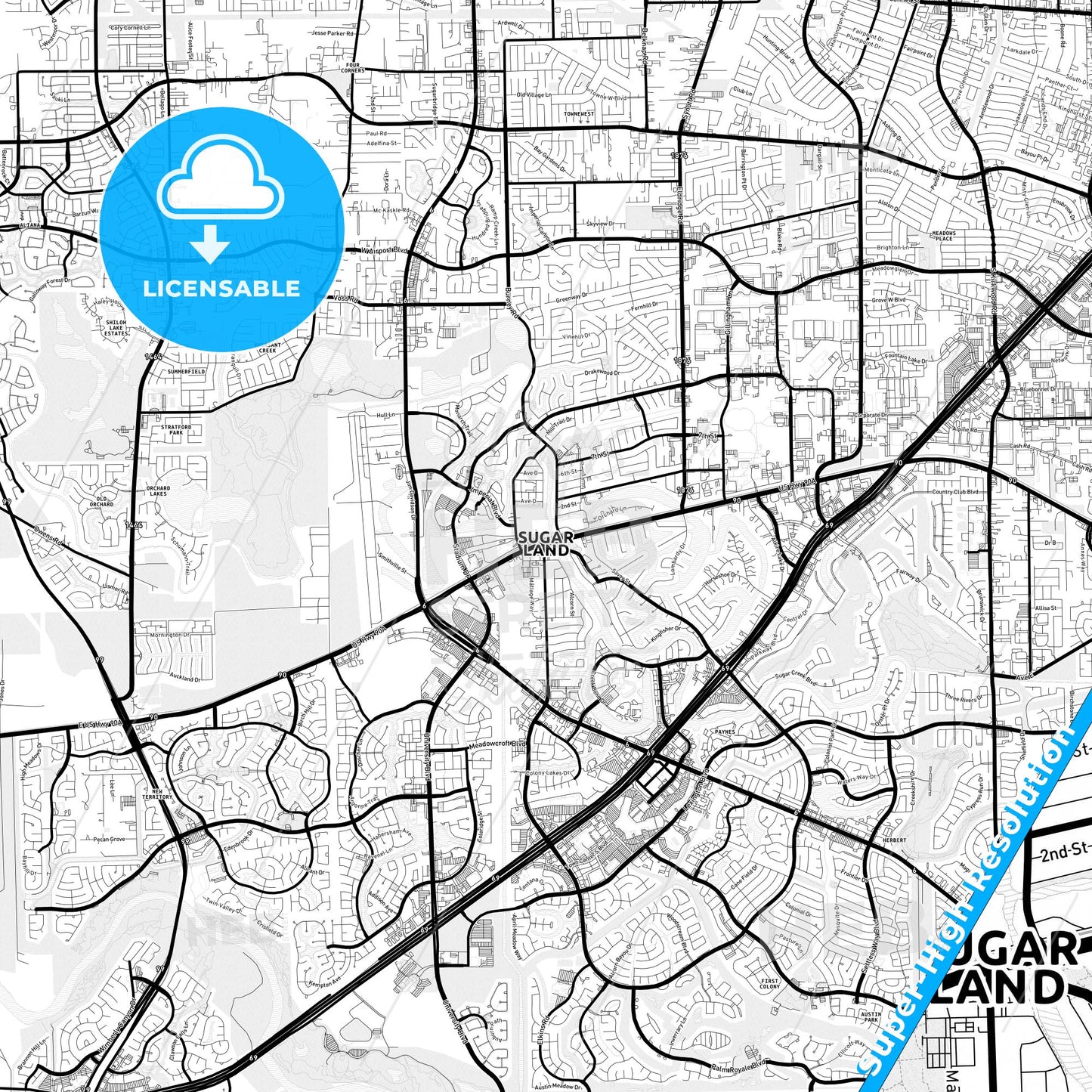 Sugar Land, Texas Light Map with Street Names, City Names, and Districts