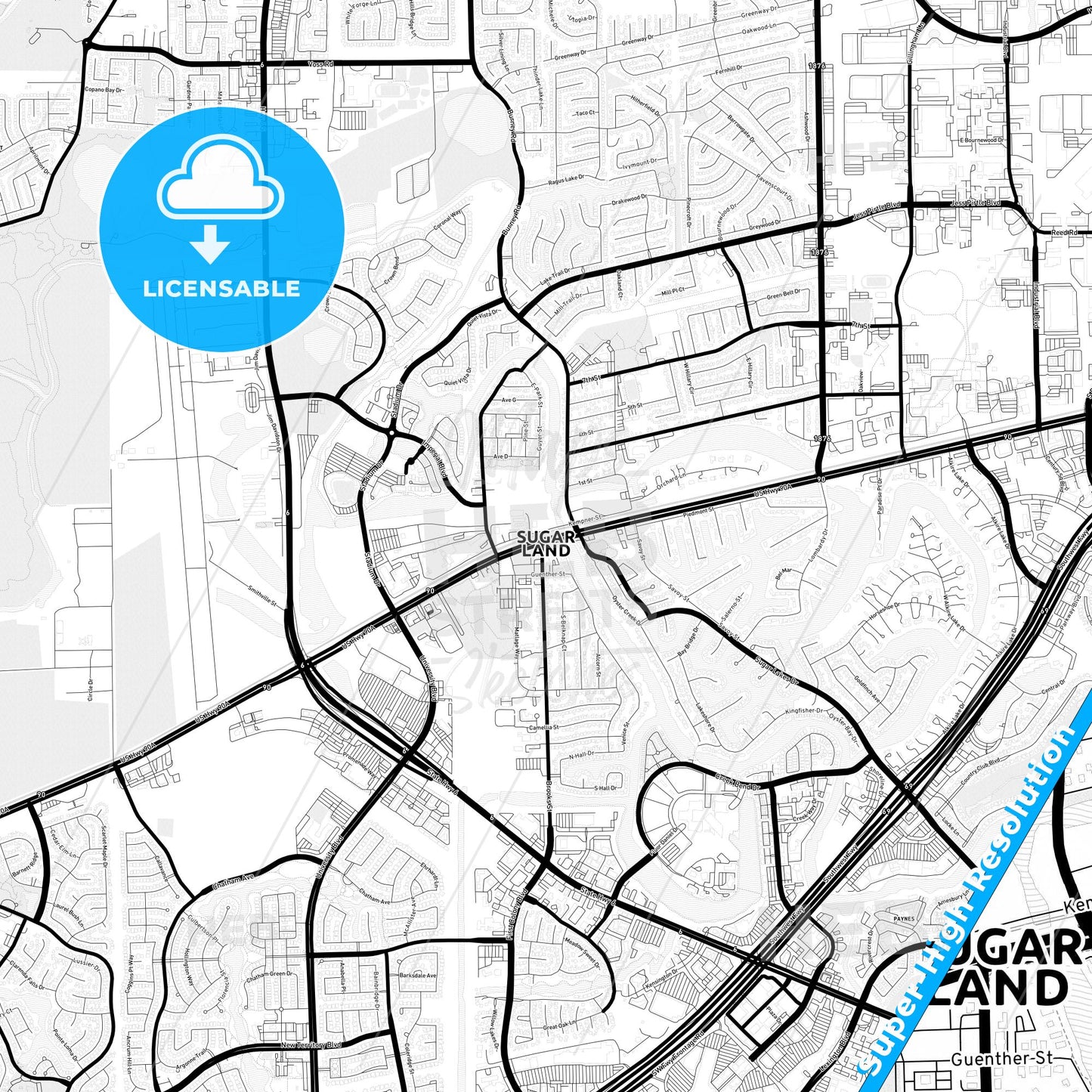 Sugar Land, Texas Light Map with Street Names, City Names, and Districts