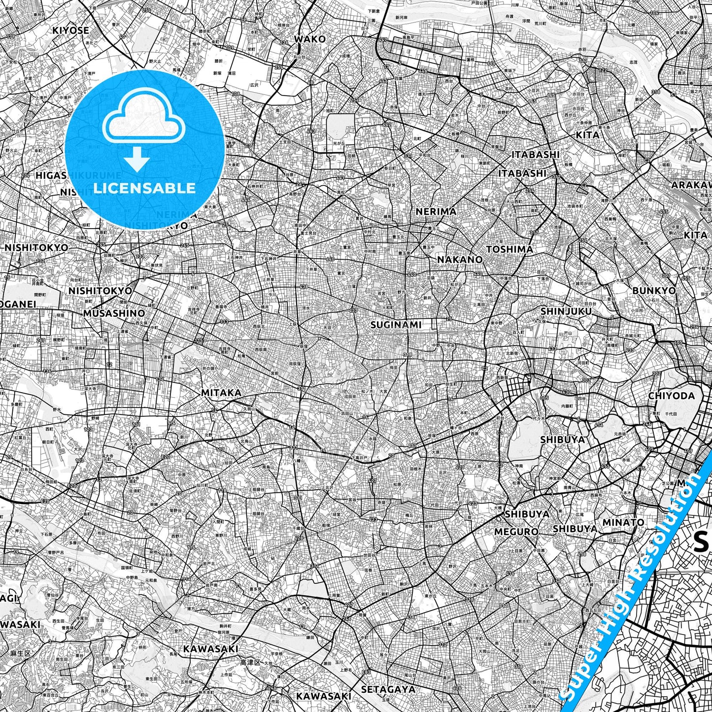 Suginami, Japan light map with streetnames, citynames and districts