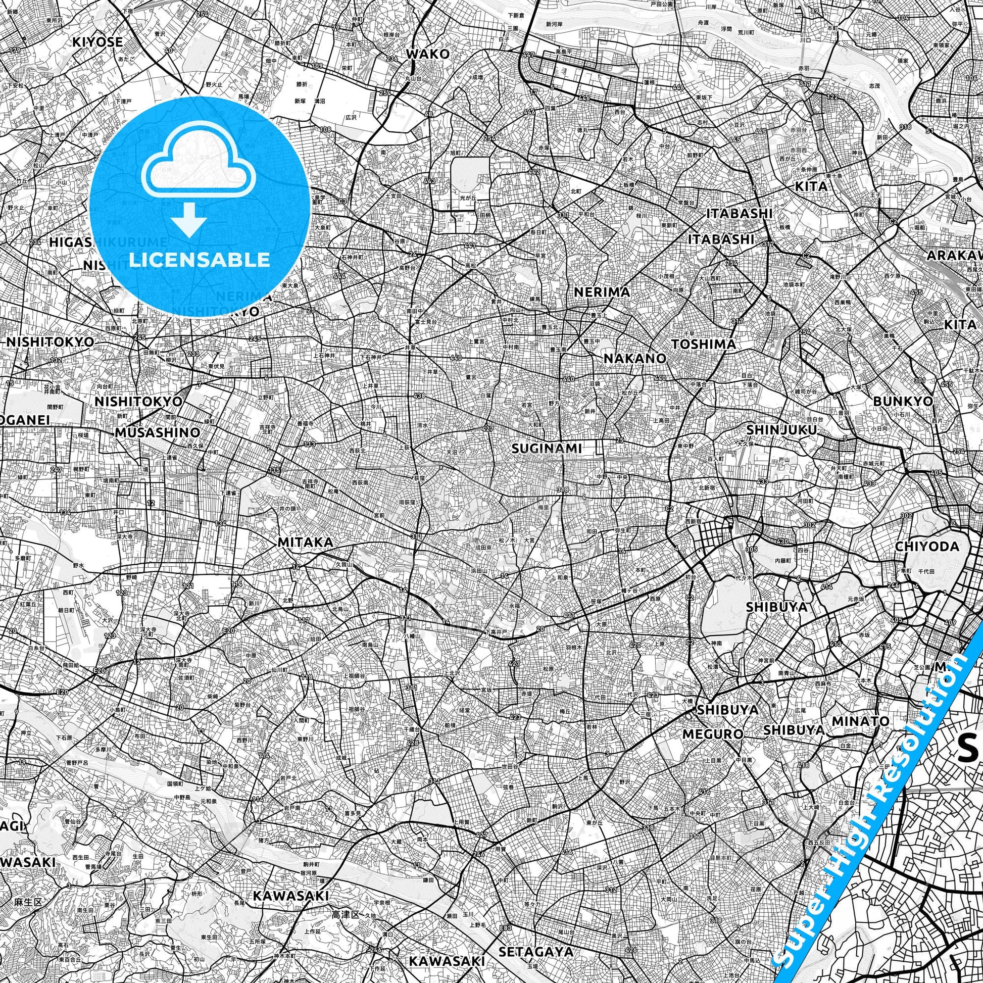 Suginami, Japan light map with streetnames, citynames and districts