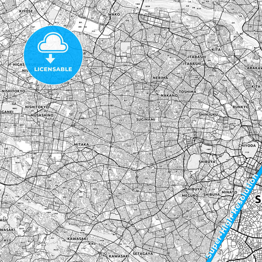 Suginami, Japan light map with streetnames, citynames and districts