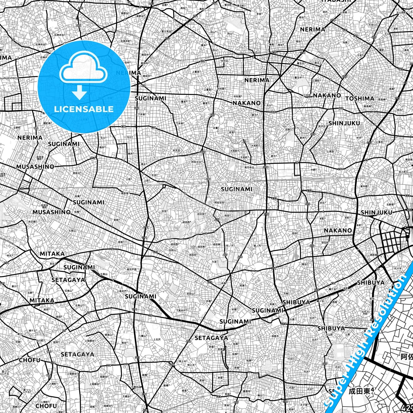 Suginami, Japan Light Map with Street Names, City Names, and Districts
