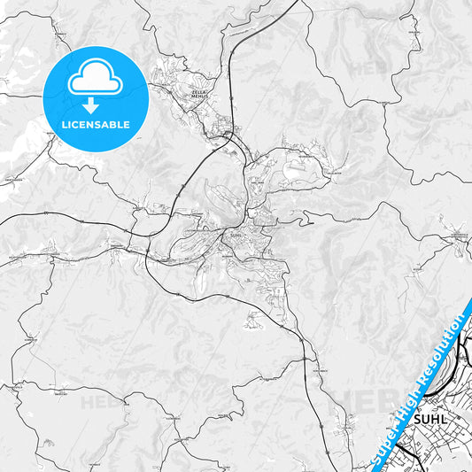 Suhl, Germany light map with streetnames, citynames and districts