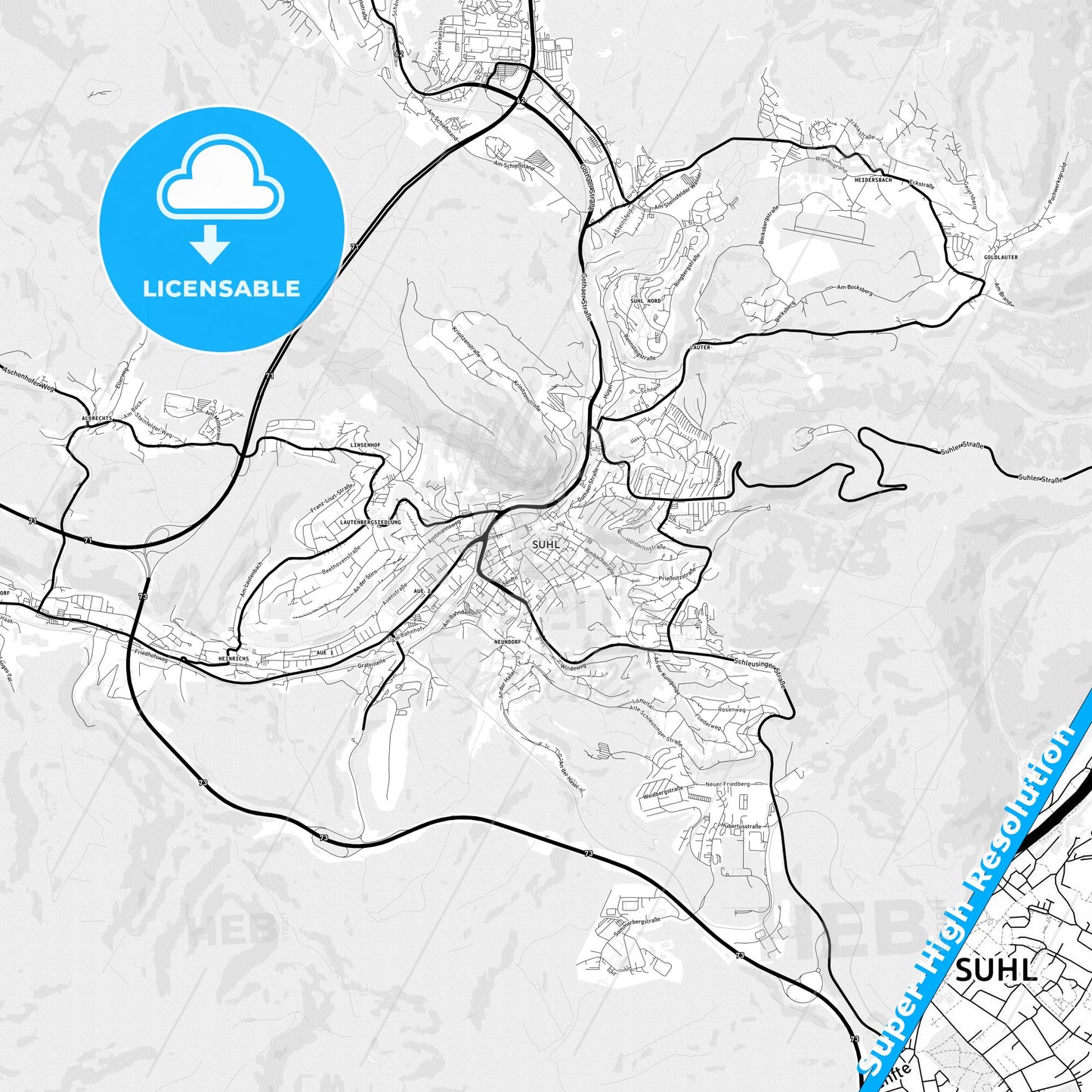 Suhl, Germany Light Map with Street Names, City Names, and Districts