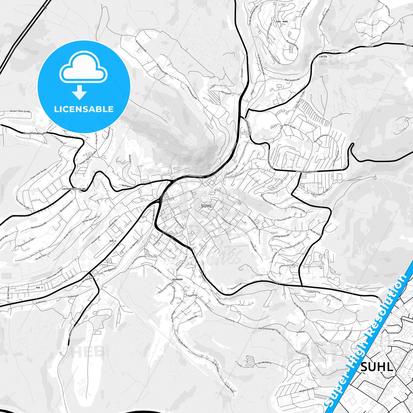 Suhl, Germany Light Map with Street Names, City Names, and Districts