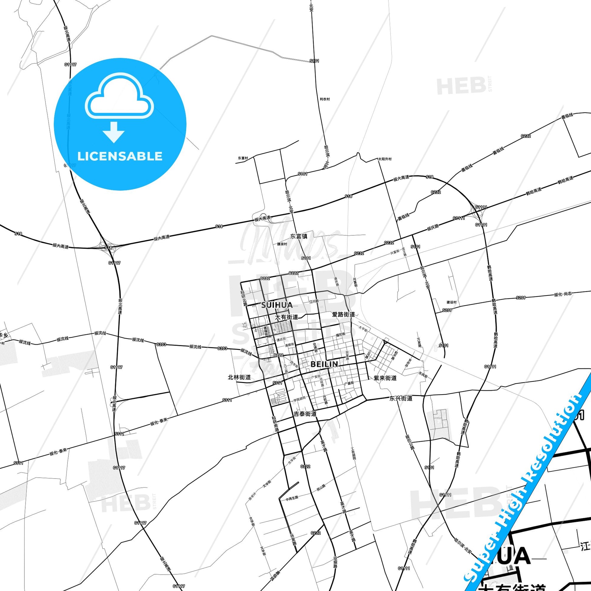 Suihua, China light map with streetnames, citynames and districts