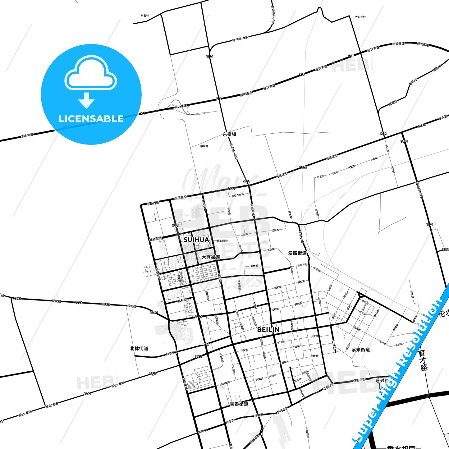 Suihua, China Light Map with Street Names, City Names, and Districts