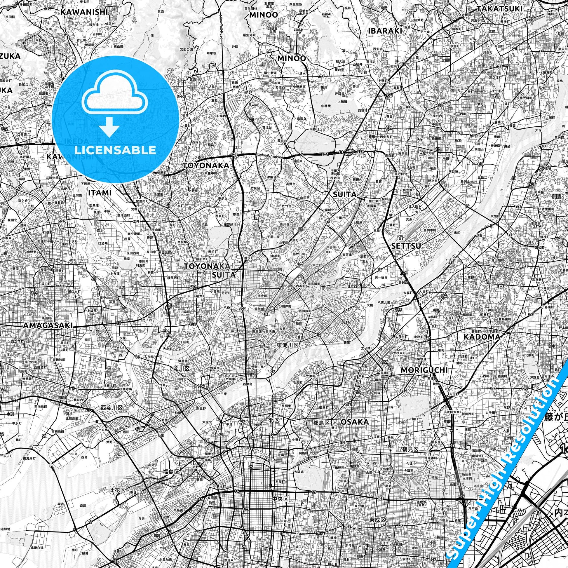 Suita, Japan light map with streetnames, citynames and districts