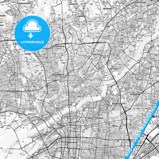 Suita, Japan light map with streetnames, citynames and districts