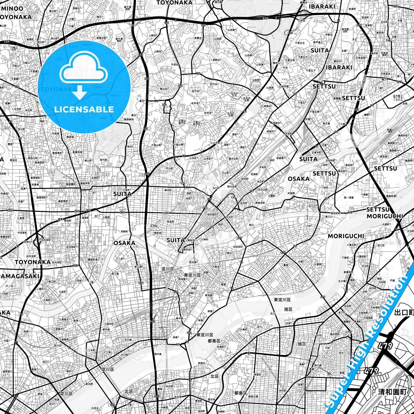 Suita, Japan Light Map with Street Names, City Names, and Districts