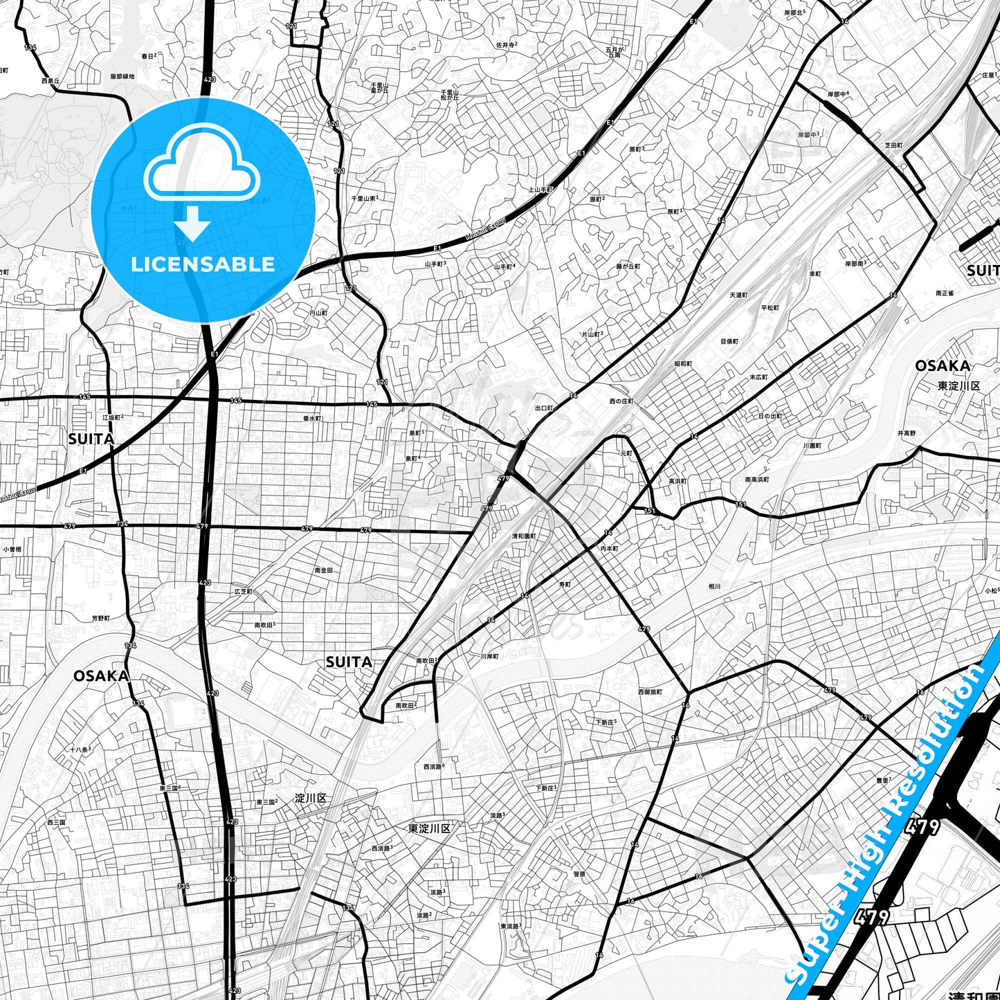 Suita, Japan Light Map with Street Names, City Names, and Districts