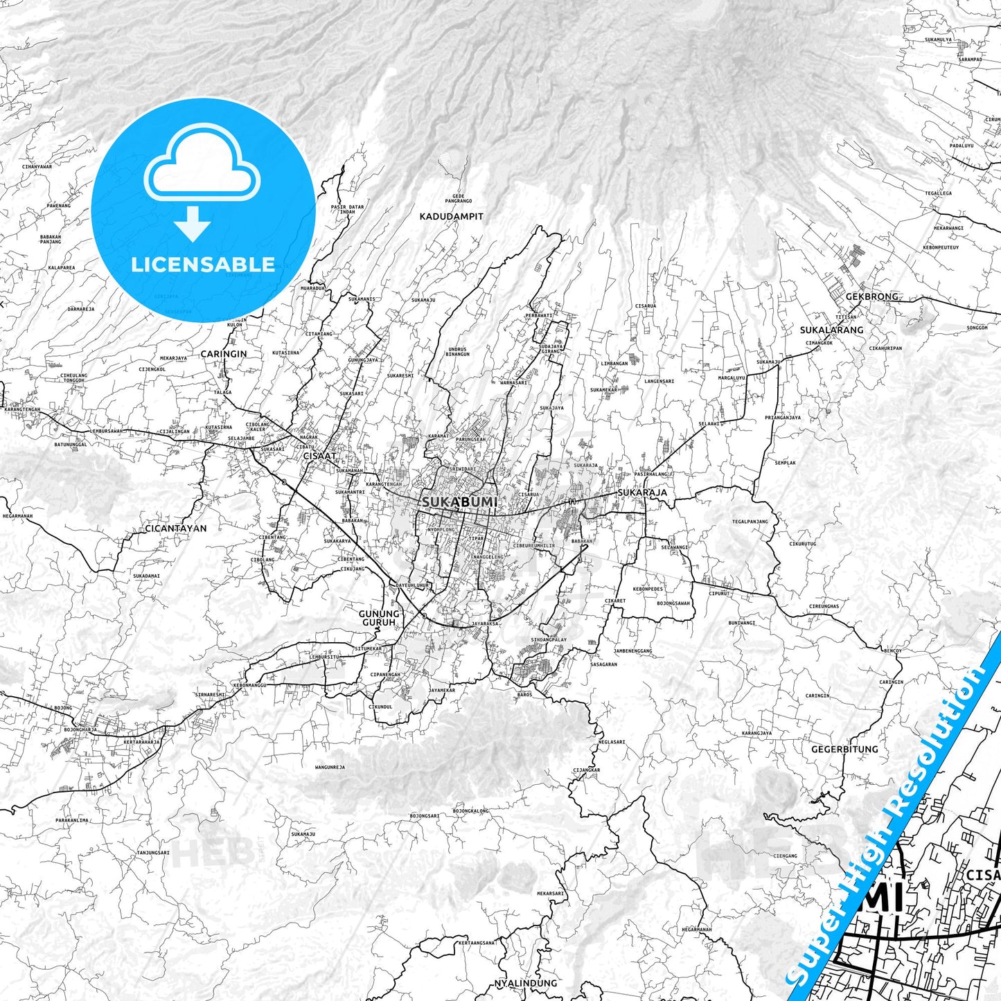Sukabumi, Indonesia light map with streetnames, citynames and districts