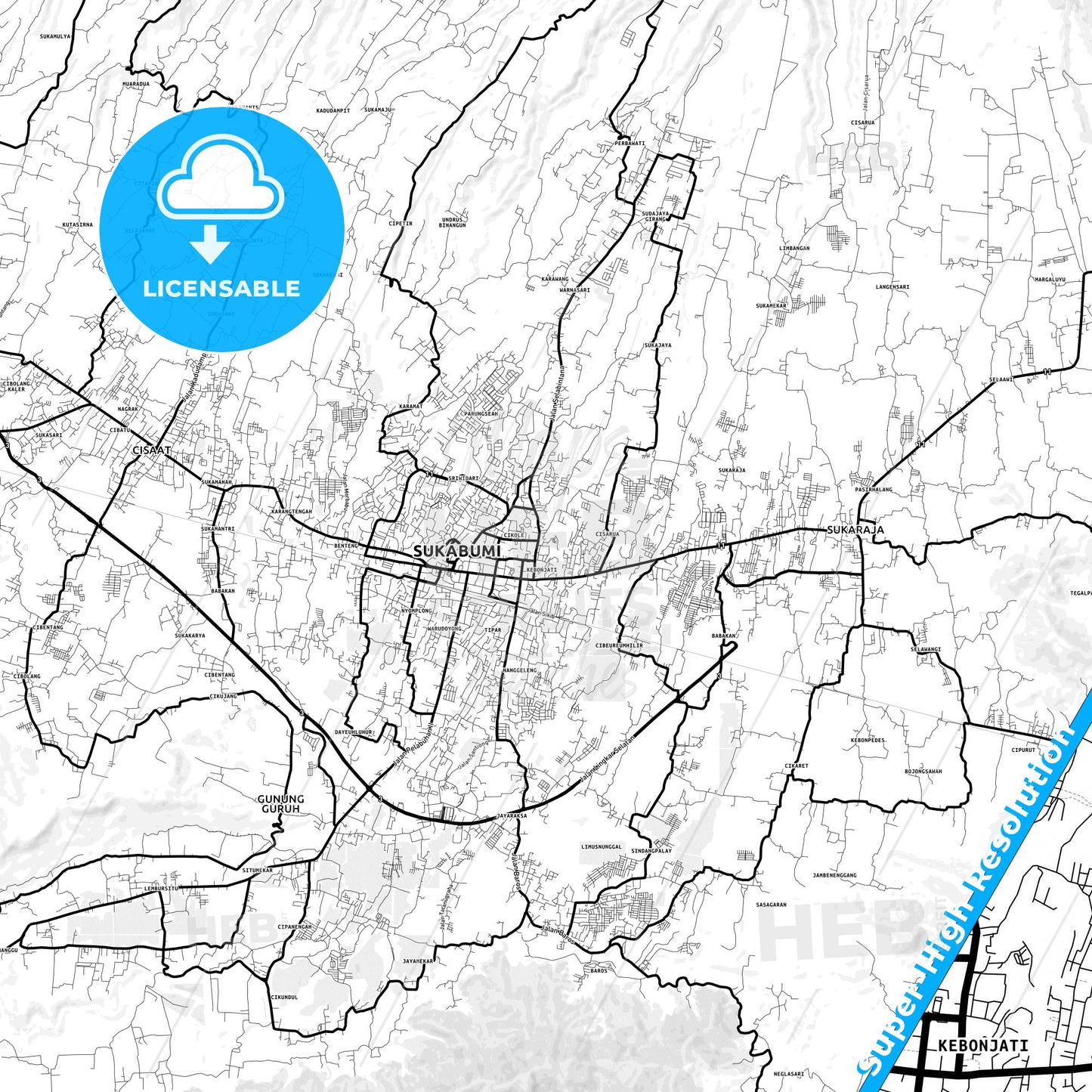 Sukabumi, Indonesia Light Map with Street Names, City Names, and Districts