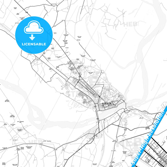 Sukkur, Pakistan light map with streetnames, citynames and districts