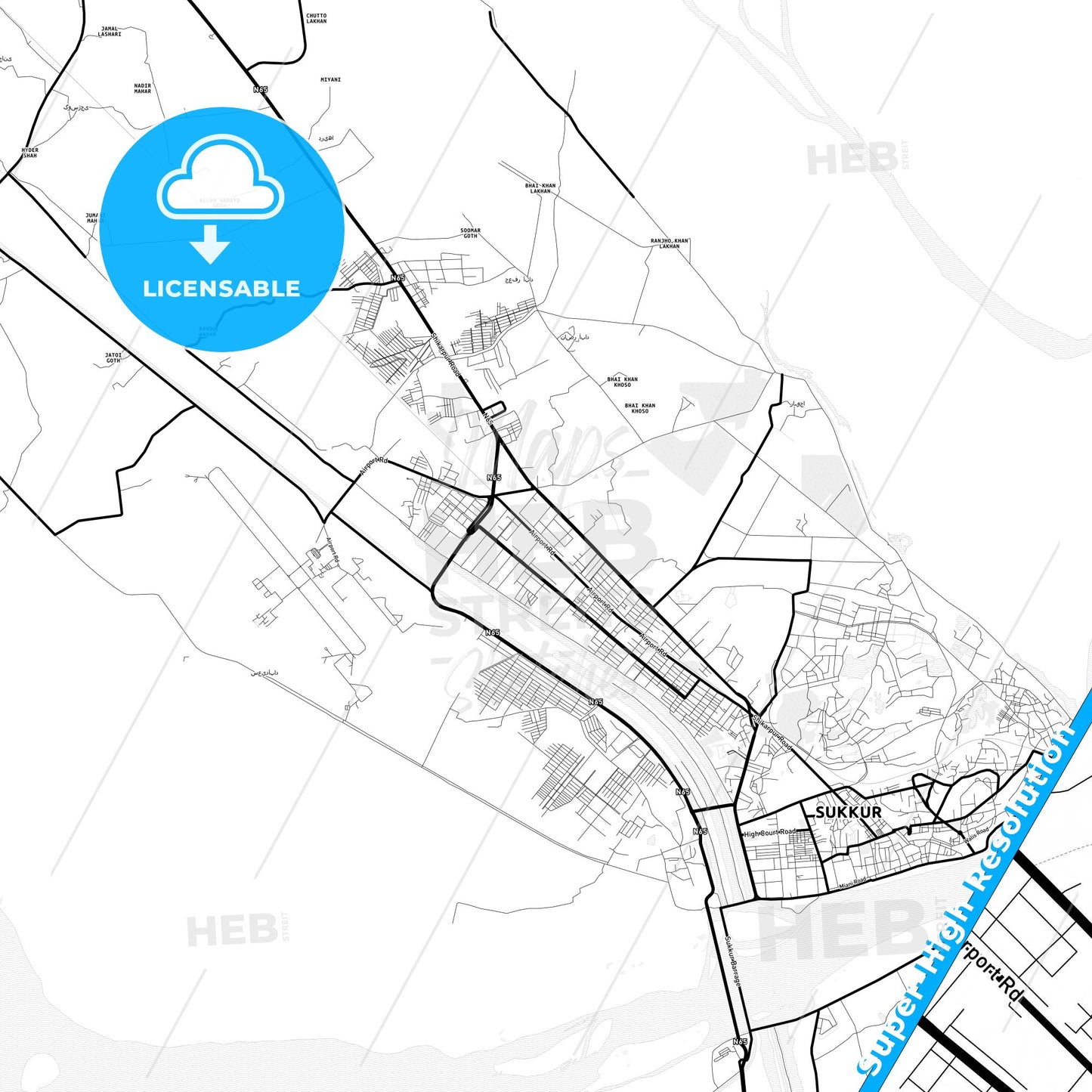 Sukkur, Pakistan Light Map with Street Names, City Names, and Districts