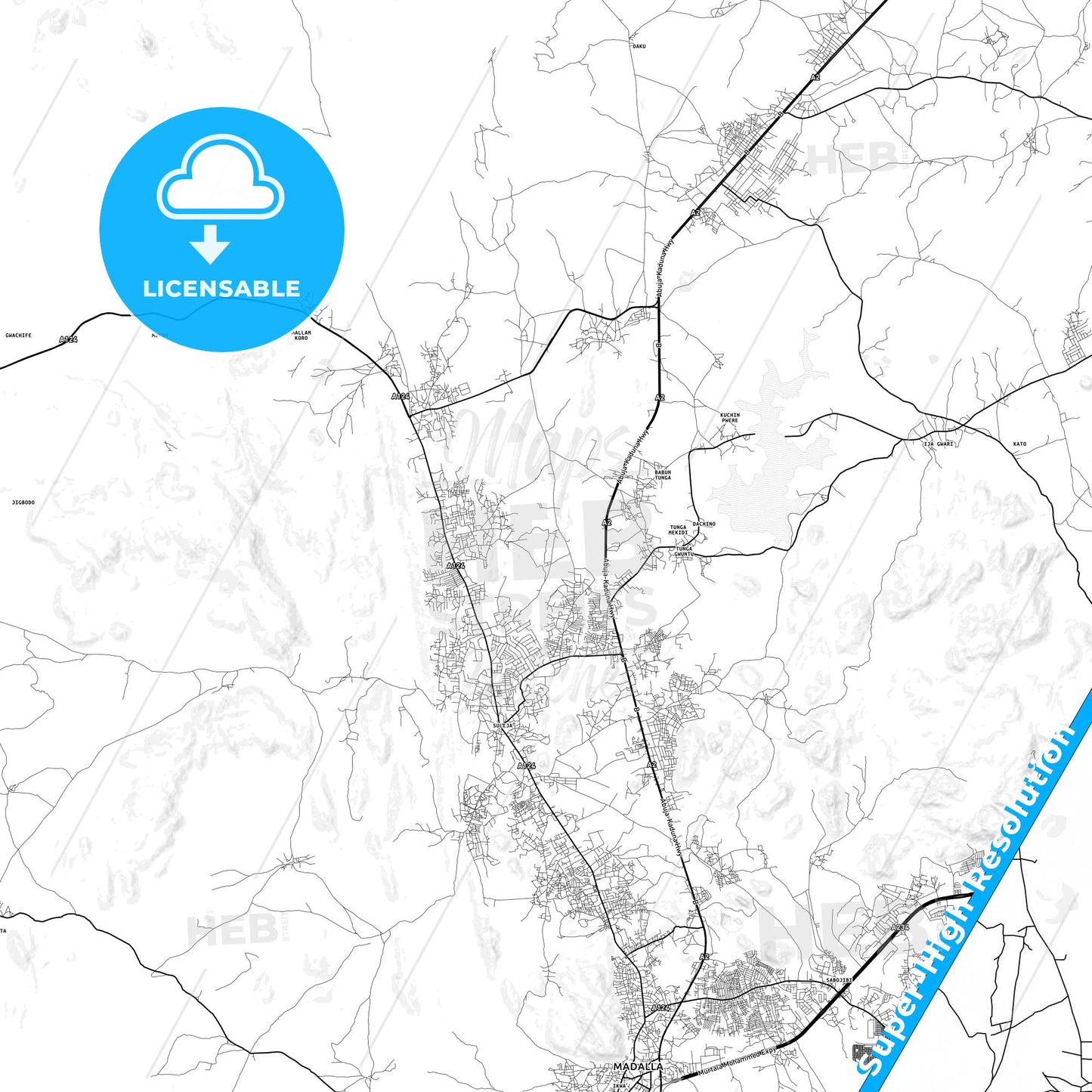 Suleja, Nigeria light map with streetnames, citynames and districts