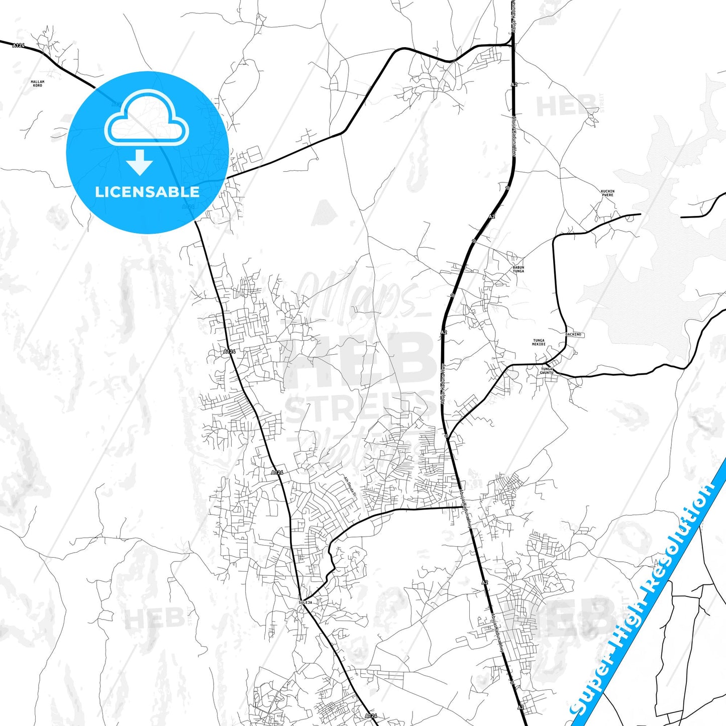 Suleja, Nigeria Light Map with Street Names, City Names, and Districts