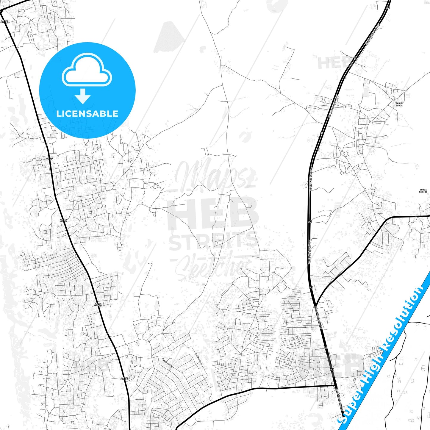 Suleja, Nigeria Light Map with Street Names, City Names, and Districts