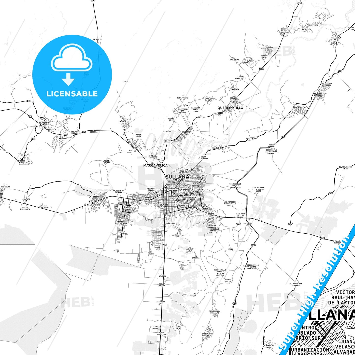 Sullana, Peru light map with streetnames, citynames and districts