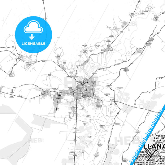 Sullana, Peru light map with streetnames, citynames and districts