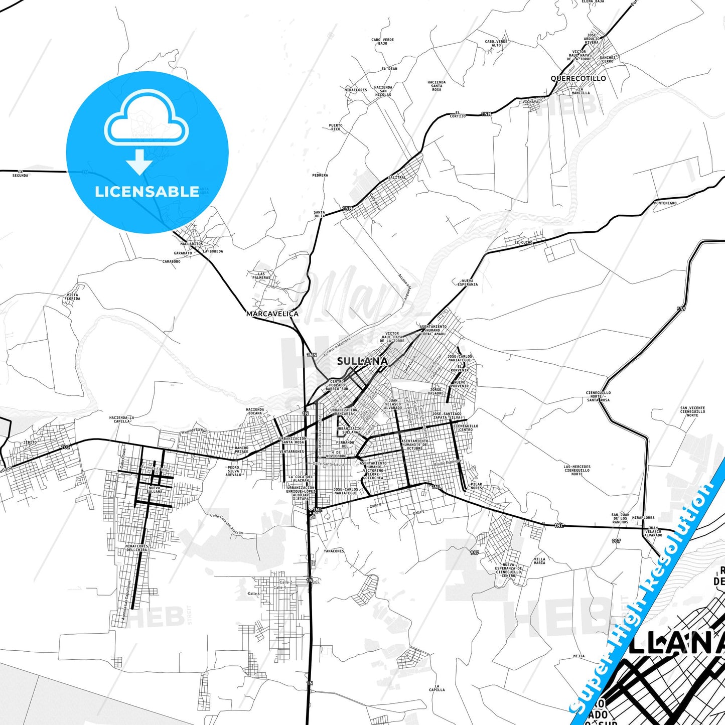 Sullana, Peru Light Map with Street Names, City Names, and Districts