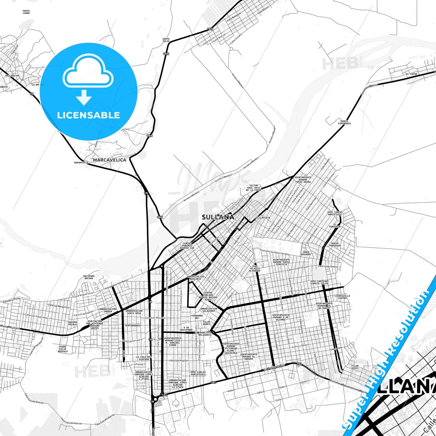 Sullana, Peru Light Map with Street Names, City Names, and Districts