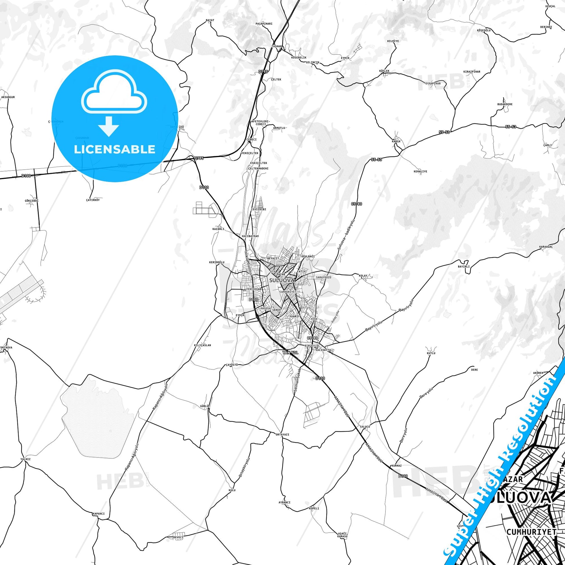Suluova, Turkey light map with streetnames, citynames and districts