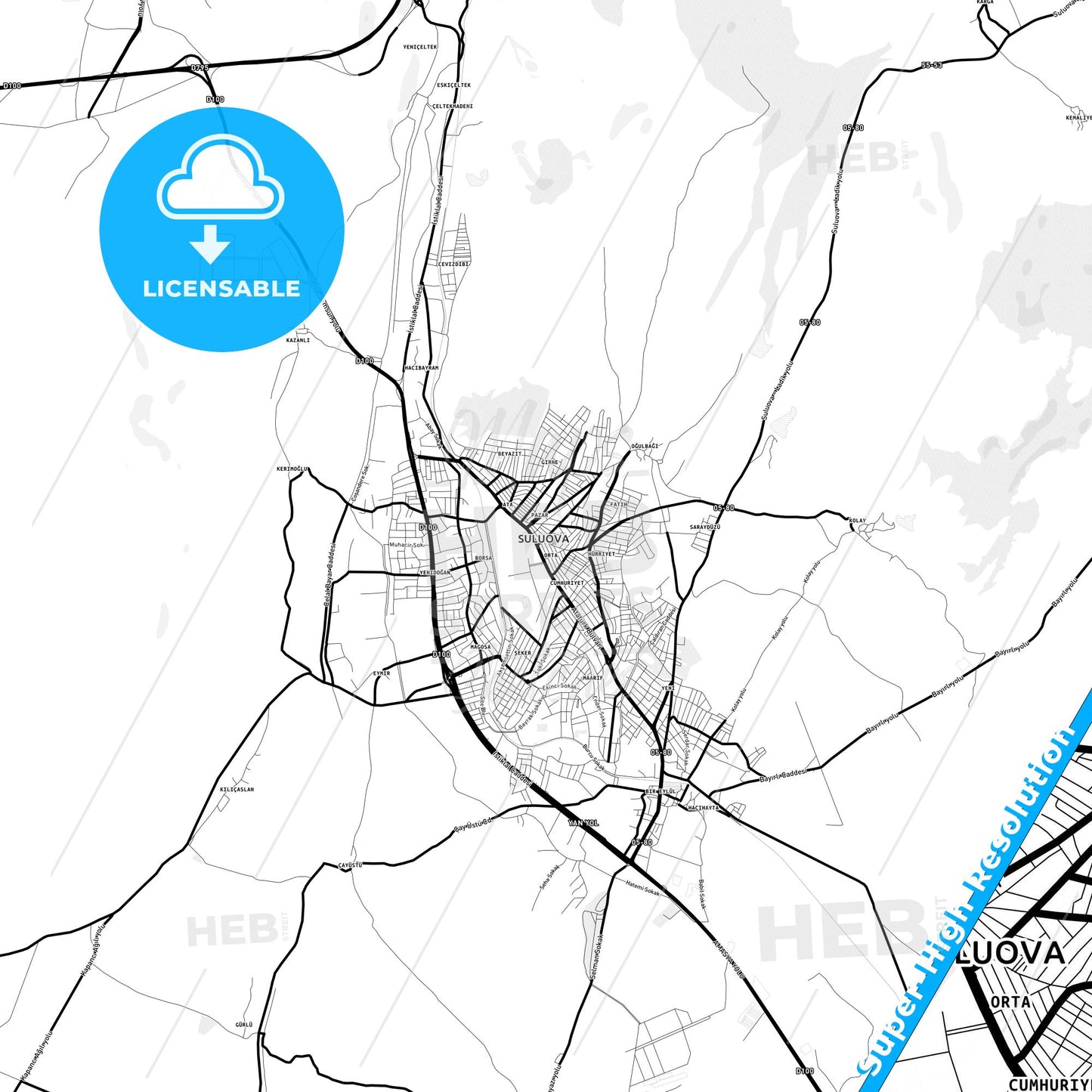Suluova, Turkey Light Map with Street Names, City Names, and Districts