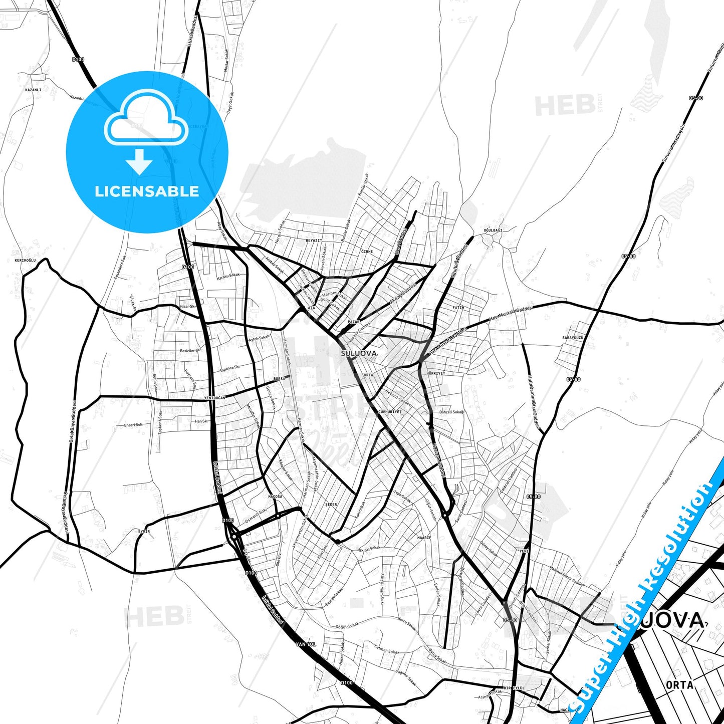 Suluova, Turkey Light Map with Street Names, City Names, and Districts