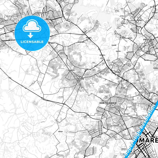 Sumare, Brazil light map with streetnames, citynames and districts