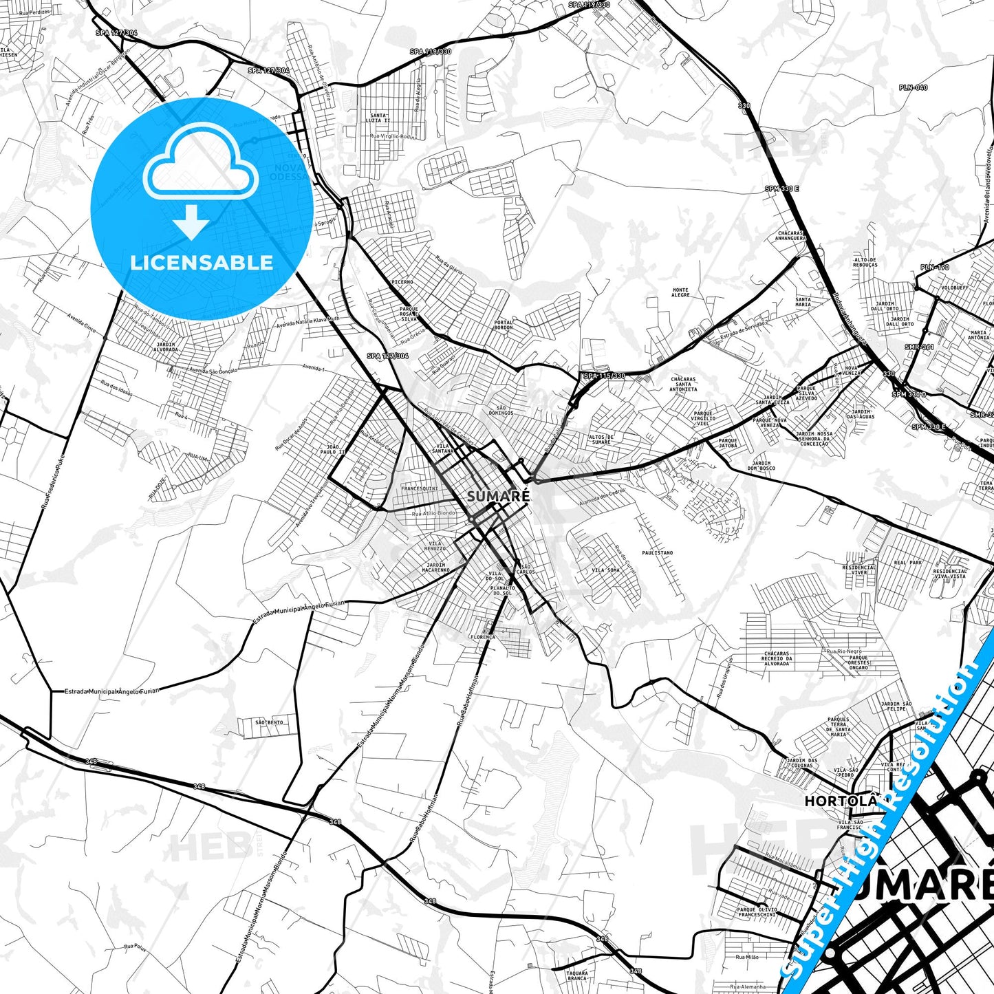 Sumare, Brazil Light Map with Street Names, City Names, and Districts