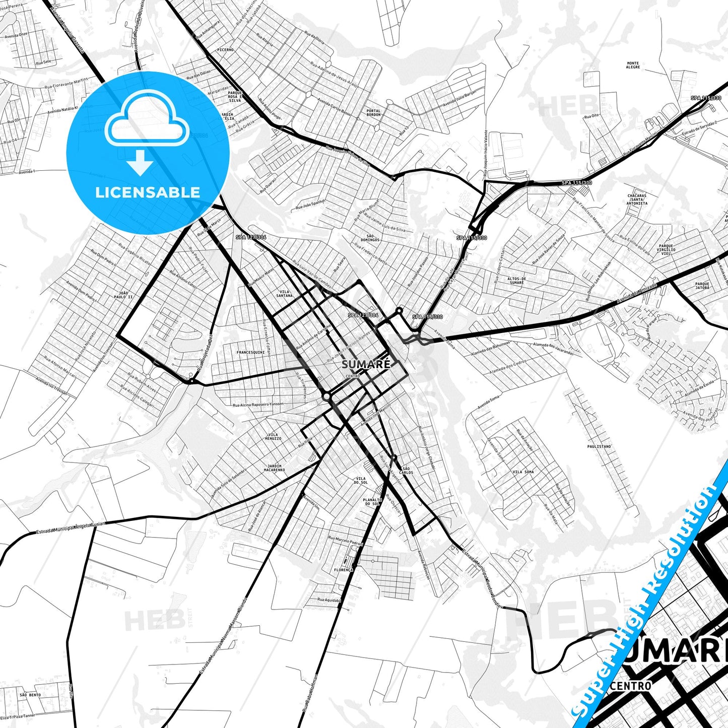 Sumare, Brazil Light Map with Street Names, City Names, and Districts