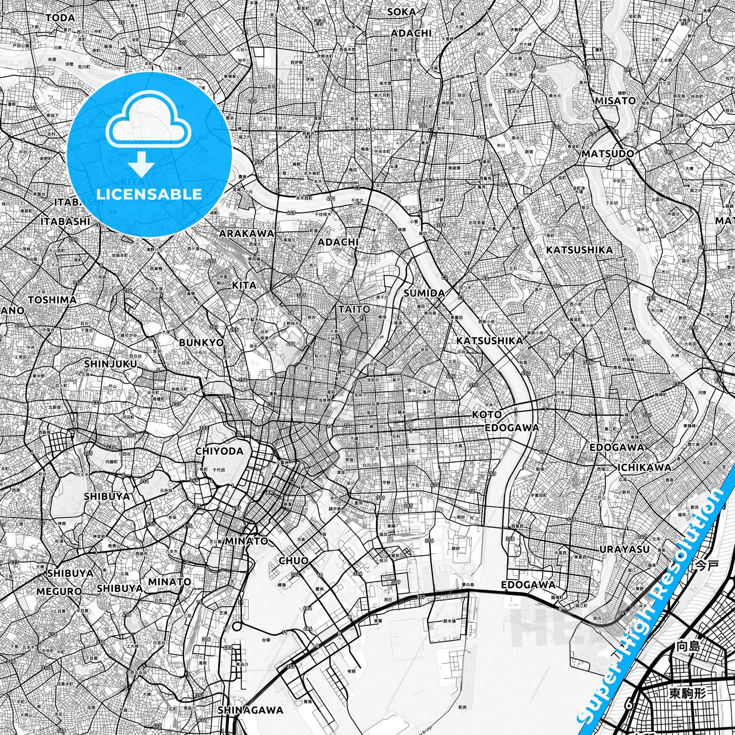Sumida, Japan light map with streetnames, citynames and districts