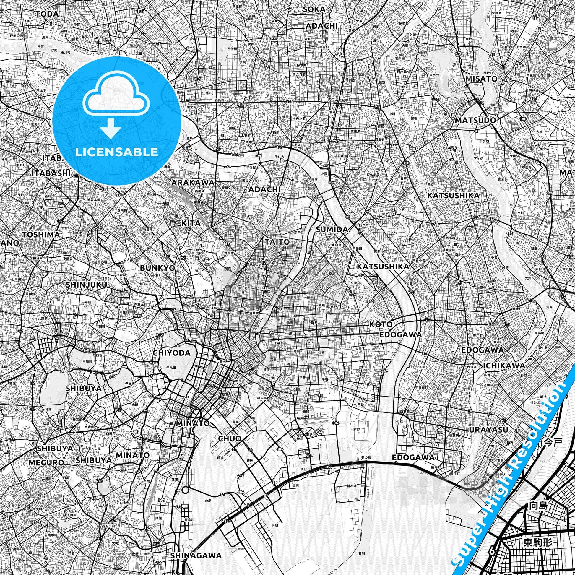 Sumida, Japan light map with streetnames, citynames and districts
