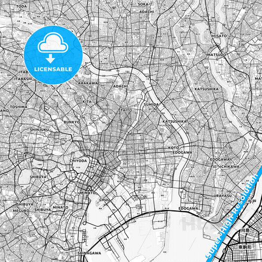 Sumida, Japan light map with streetnames, citynames and districts