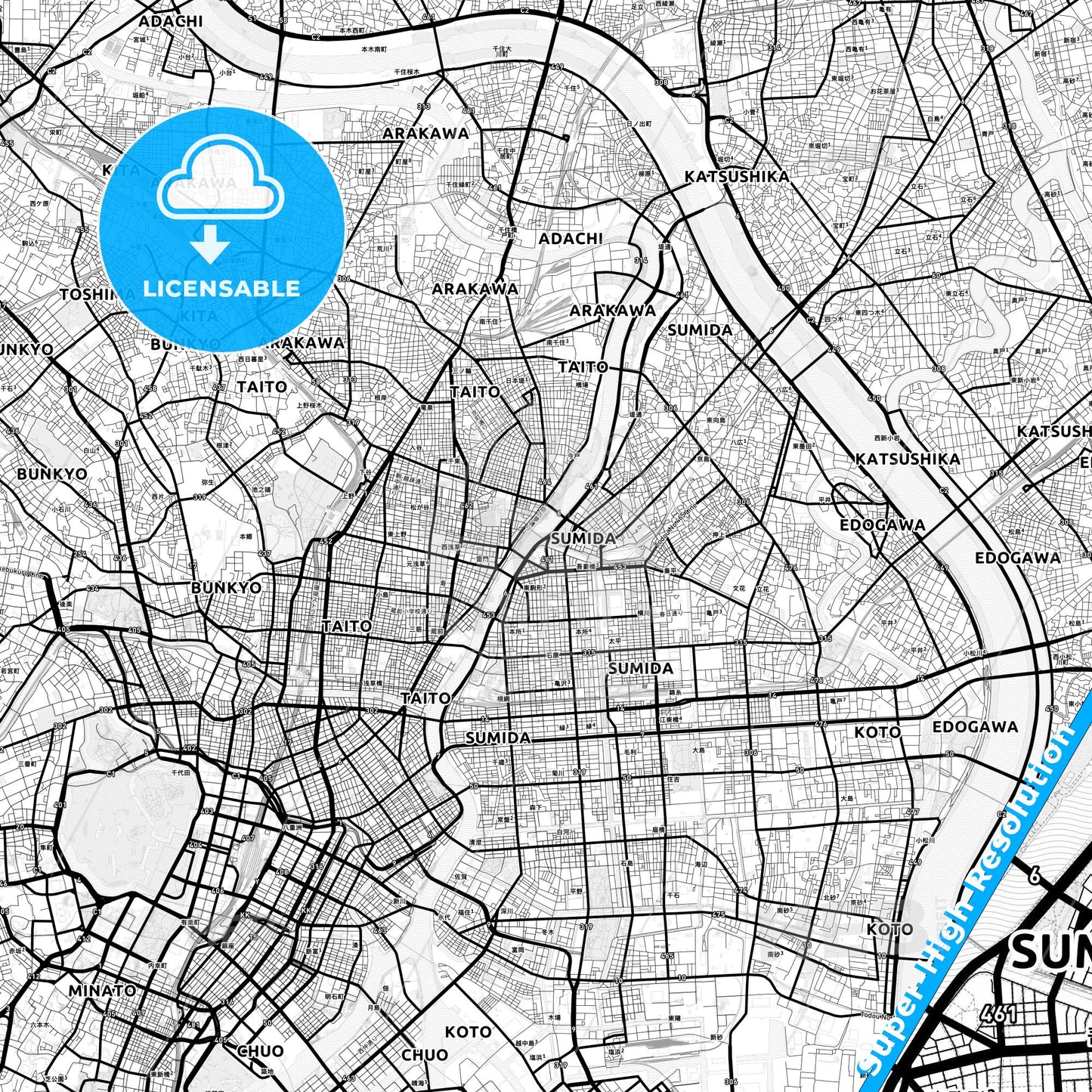 Sumida, Japan Light Map with Street Names, City Names, and Districts