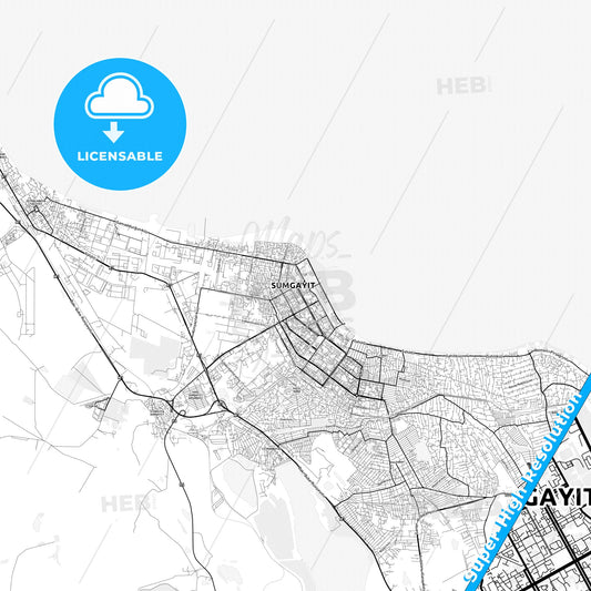 Sumqayit, Azerbaijan light map with streetnames, citynames and districts