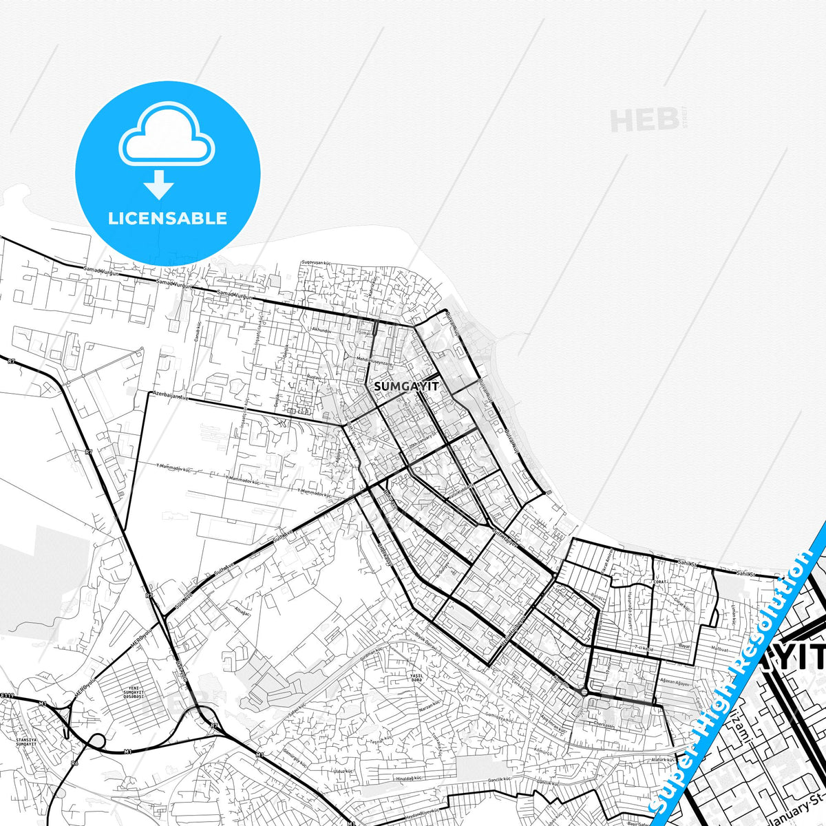 Sumqayit, Azerbaijan Light Map with Street Names, City Names, and Districts