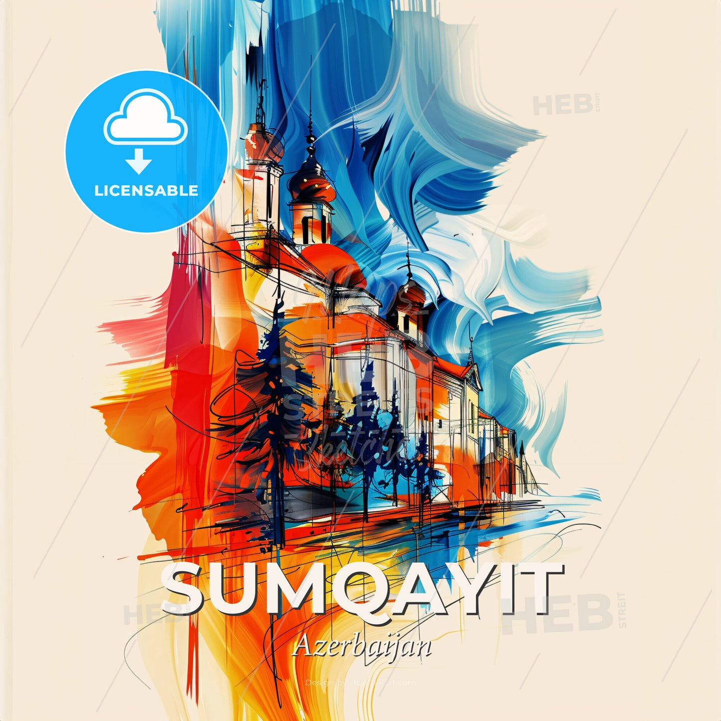 Vibrant Sumqayit, Azerbaijan - A Painting Of A Building - Square format print template