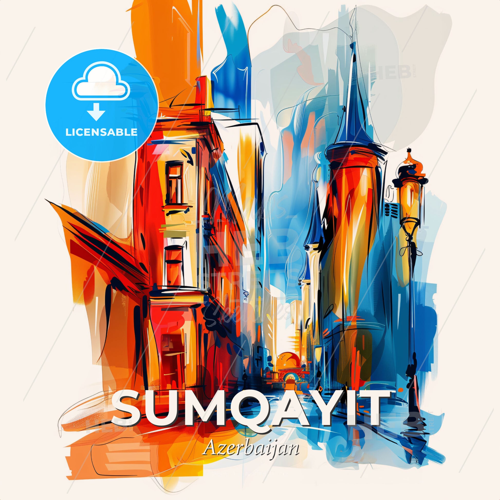 Vibrant Sumqayit, Azerbaijan - A Painting Of A Street With Buildings And A Street Light - Square format print template