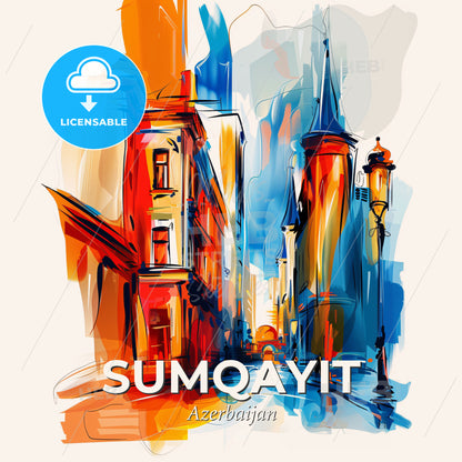 Vibrant Sumqayit, Azerbaijan - A Painting Of A Street With Buildings And A Street Light - Square format print template