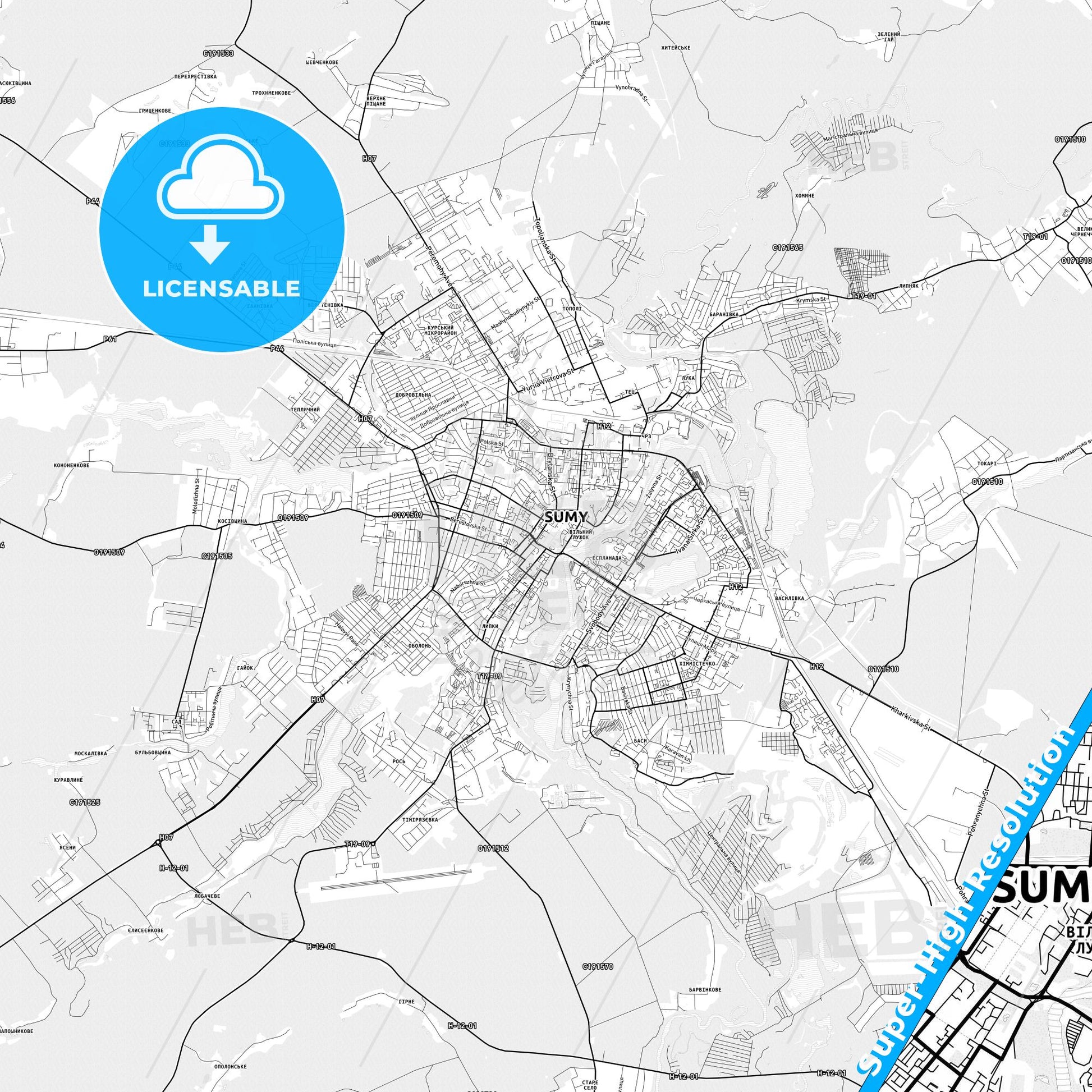 Sumy, Ukraine light map with streetnames, citynames and districts