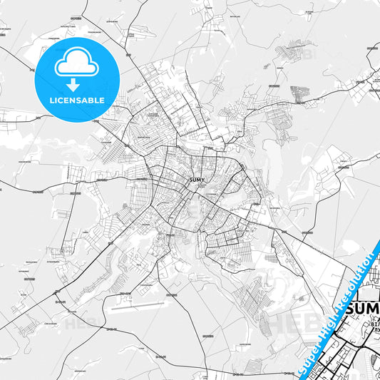Sumy, Ukraine light map with streetnames, citynames and districts