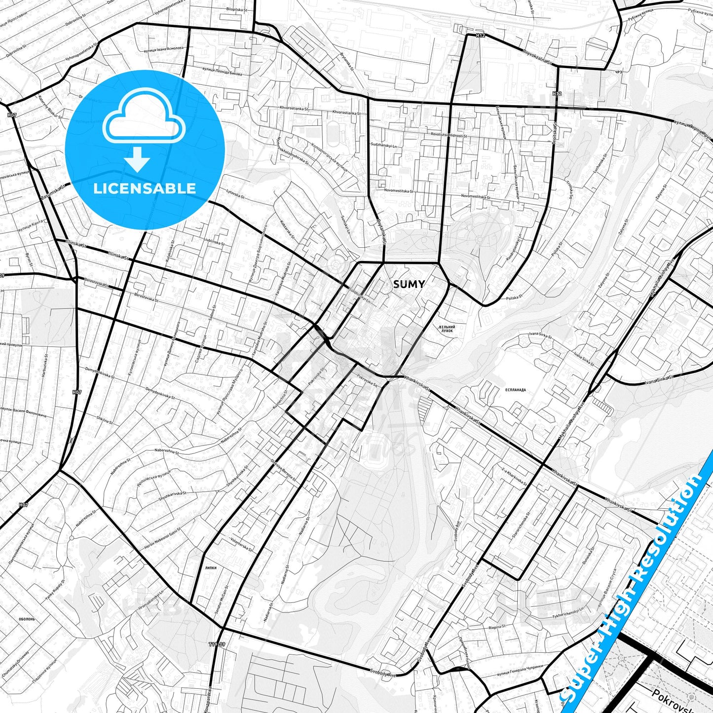 Sumy, Ukraine Light Map with Street Names, City Names, and Districts