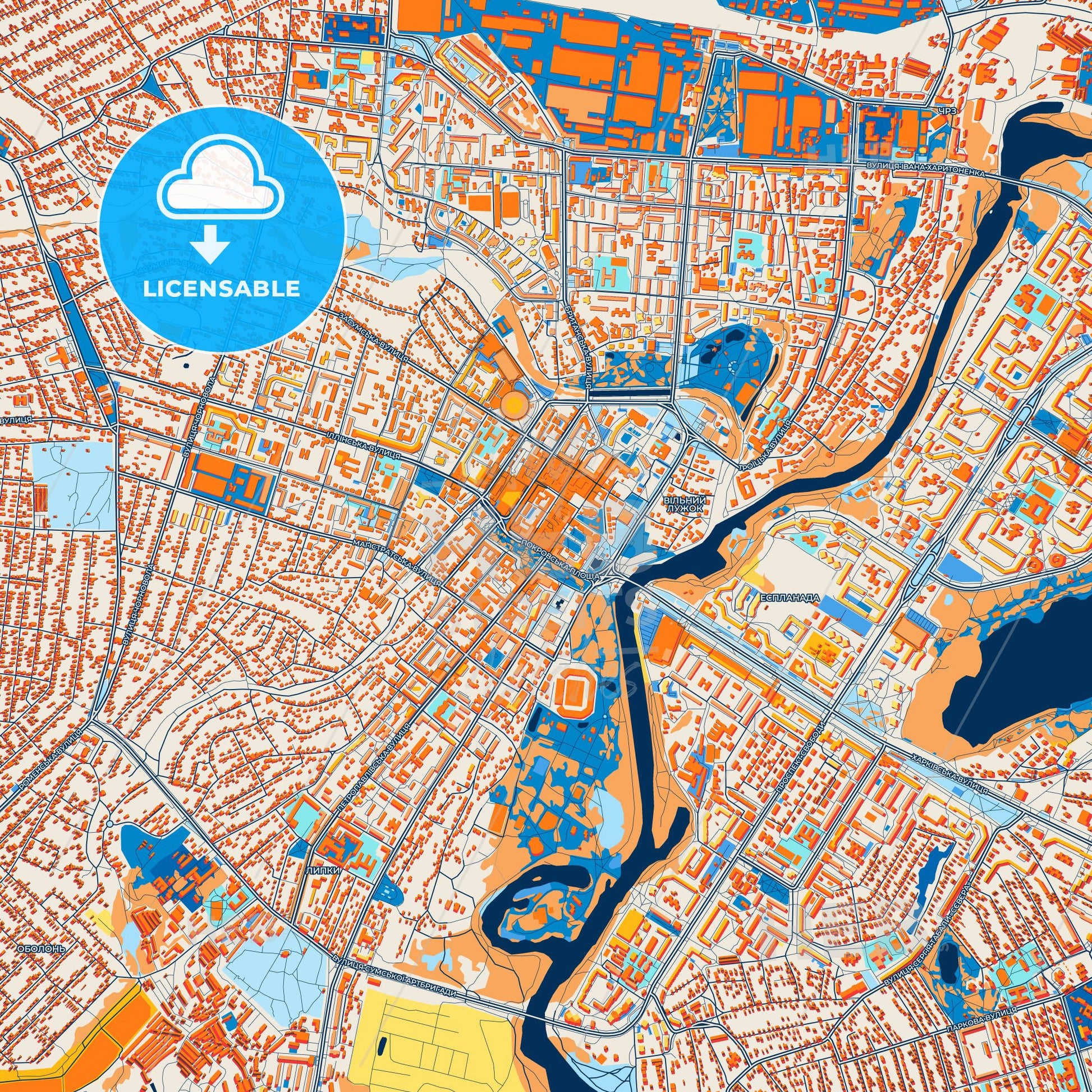 Colorful Sumy Street Map with Labels and Buildings