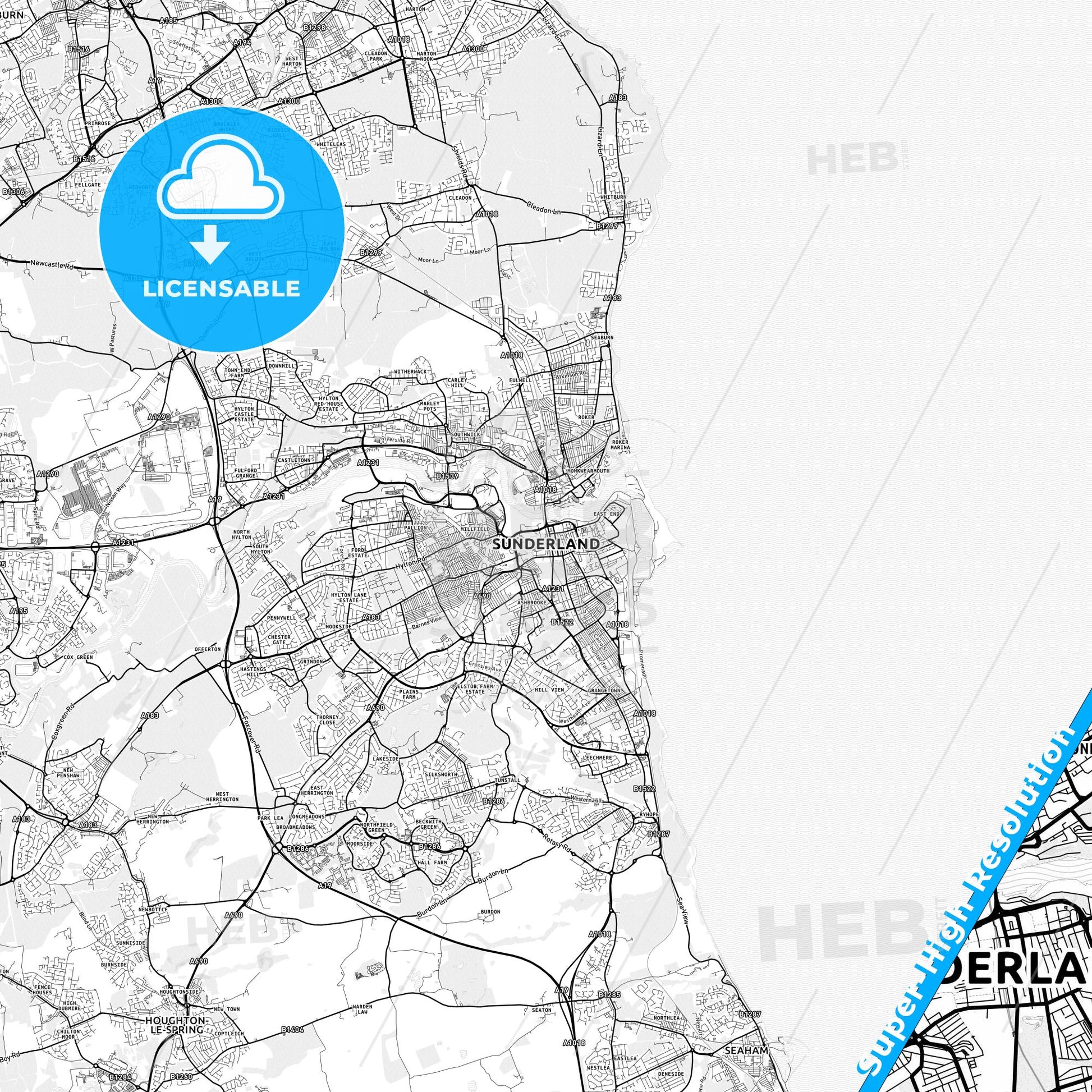 Sunderland, England light map with streetnames, citynames and districts